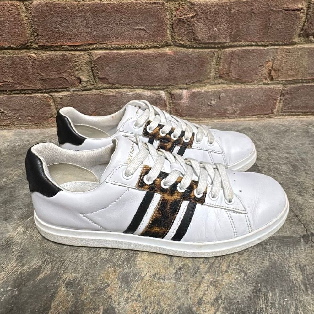 Tory Burch Howell T-Saddle Court Sneakers White Leather Leopard Fur Size 8